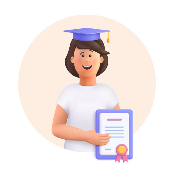 illustrazioni stock, clip art, cartoni animati e icone di tendenza di giovane donna jane - studentessa in berretto di laurea e accappatoio in piedi, in possesso di diploma o certificato. laurea e risultati accademici. illustrazione del personaggio delle persone vettoriali 3d. - graduation adult student mortar board diploma