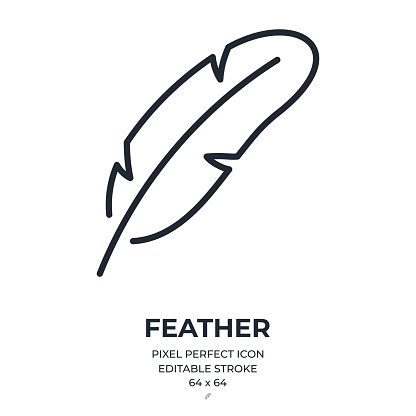 Feather editable stroke outline icon isolated on white background flat vector illustration. Pixel perfect. 64 x 64.