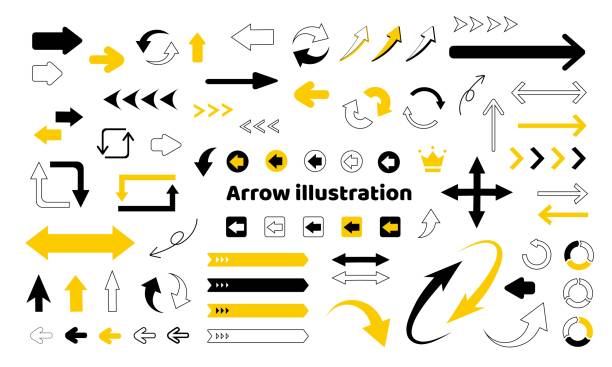 ilustraciones, imágenes clip art, dibujos animados e iconos de stock de conjunto de material vectorial de icono de flecha de colores - flechas