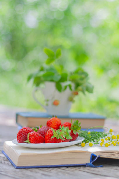 istock strawberries on the open book on a table in the garden 1325172928