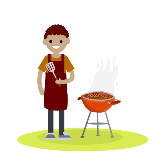 Vector illustration of Man prepares barbecue meat on a grill over fire.