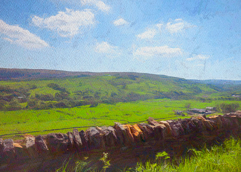 Digital painting of a dry stone wall cuts through the vista of green trees, fields and hills in the Peak District National park. The flat top of Shuttlingsloe can be seen in the distance.