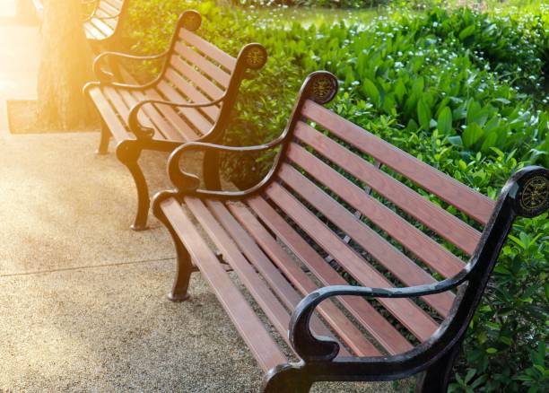 istock Row of empty wooden benches at a park 1325177028