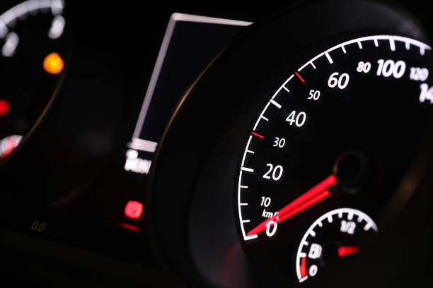 istock Closeup view of dashboard with speedometer in modern car 1325177096