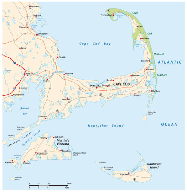 vector road map Cape Cod, Martha s Vineyard, Nantucket, Massachusetts, USA vector road map Cape Cod, Martha s Vineyard, Nantucket, Massachusetts, USA cape cod stock illustrations