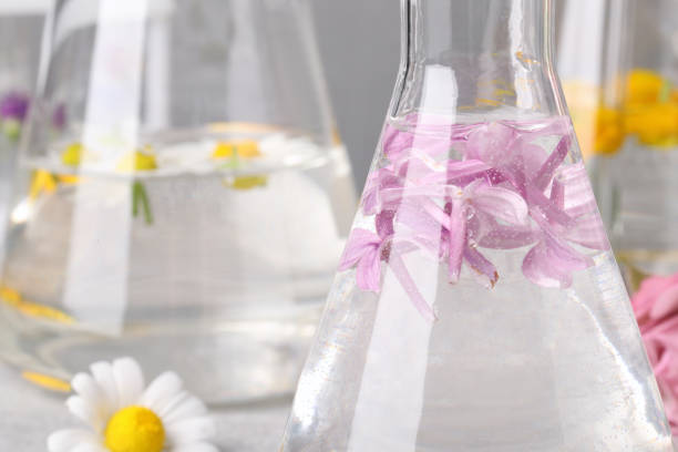 istock Flask with lilac flowers, closeup. Essential oil extraction 1325179623