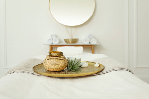 istock Beautiful spa composition on massage table in wellness center 1325180142