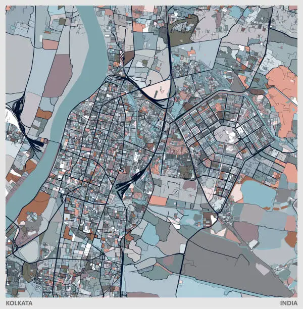 Vector illustration of color art illustration style map,kolkata city,India