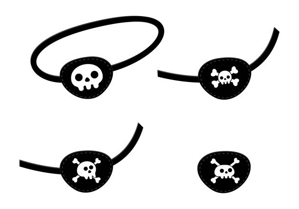 Pirate eye patch icon sign flat style design vector illustration set isolated on white background. Pirate eye patch icon sign flat style design vector illustration set isolated on white background. Black eye patch with skull and bones symbols. one eyed stock illustrations