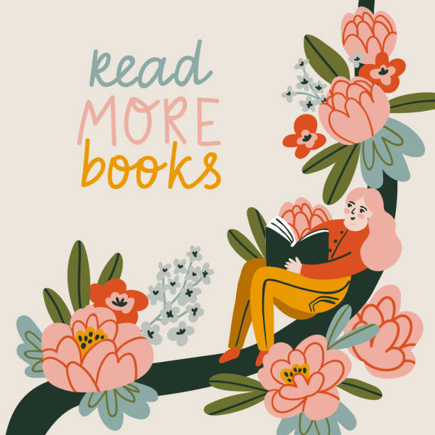 Poster about love to reading. Vector cute illustration with young woman reading a book. Lettering - Read more books. Poster about love to reading. Vector cute illustration with young woman reading a book. Lettering - Read more books. springtime woman stock illustrations