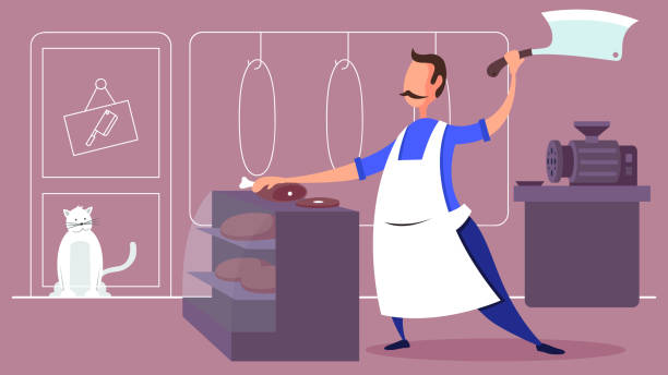 illustrations, cliparts, dessins animés et icônes de boucher coupant une pice de viande - butchers shop butcher meat delicatessen