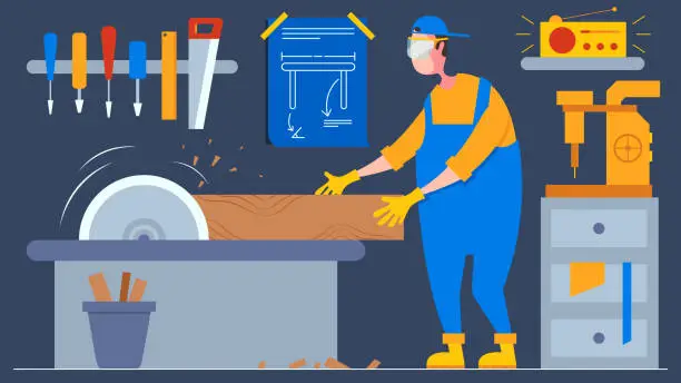 Vector illustration of Carpenter working in wood workshop meaturing woodwork