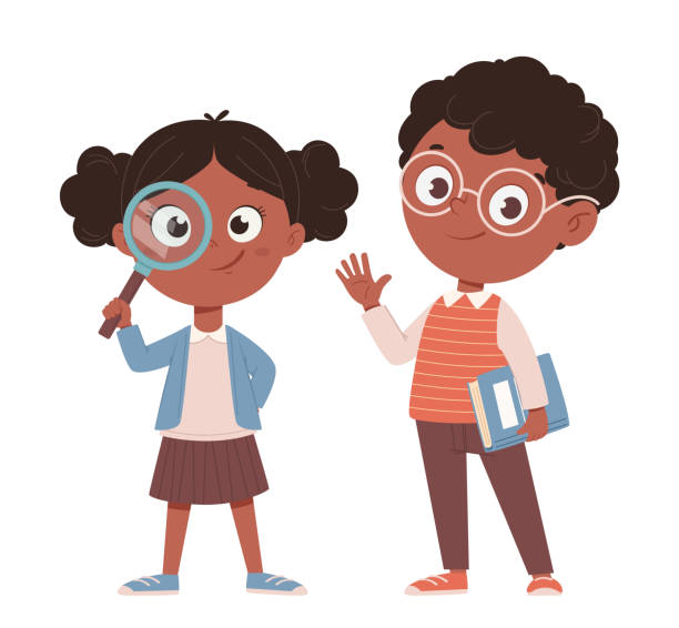 African American schoolgirl and schoolboy Back to school concept. Cheerful African American schoolgirl and schoolboy. Cute cartoon characters. Vector illustration magnifying glass book stock illustrations