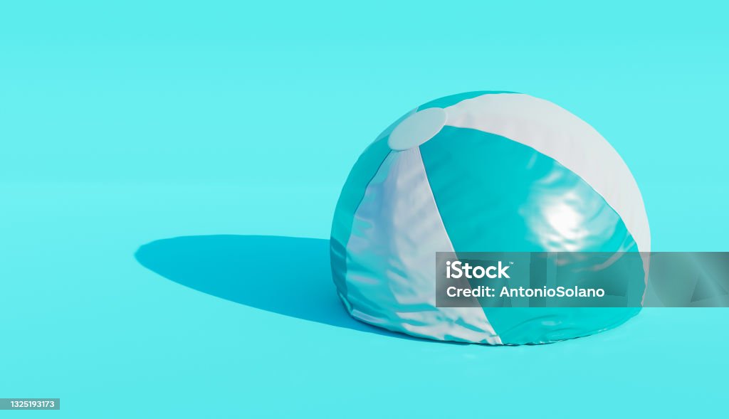 deflated beach ball deflated beach ball on blue background. minimalistic scene. end of summer concept. 3d render Deflated Stock Photo