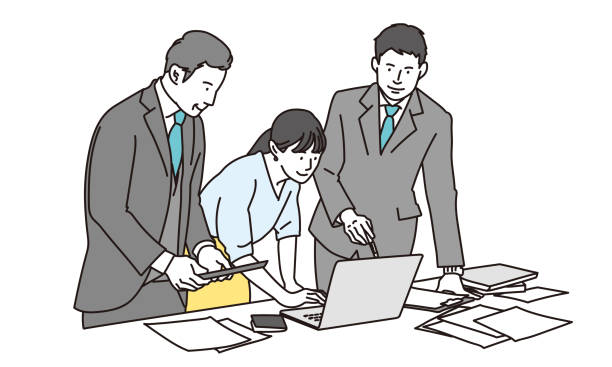 ilustrações de stock, clip art, desenhos animados e ícones de business person having a meeting on a personal computer - business meeting teamwork business team