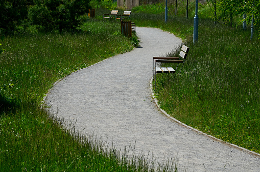 dusty park path along the pond winding through a meadow. it leads to the bridge and the share of the way are long benches with wooden planks and trash cans