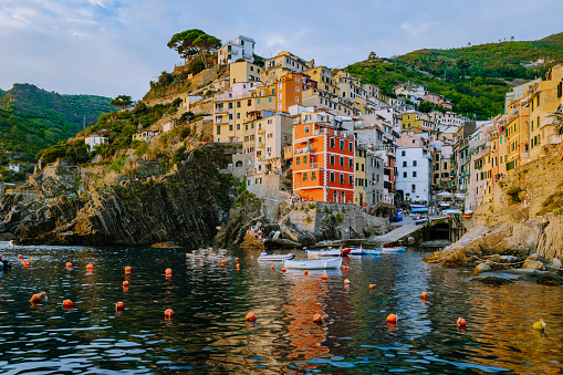 View of Riomaggiore Cinque Terre sequence of hill cities. Wonderful view of Liguria, Italy, Europe. seascape of the Mediterranean sea. Traveling concept background. Riomaggiore Cique Terre Italy