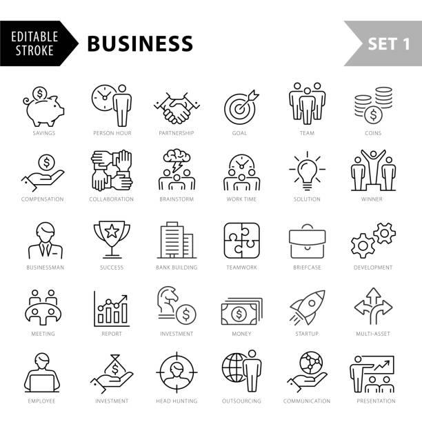 ilustraciones, imágenes clip art, dibujos animados e iconos de stock de conjunto de iconos vectoriales de línea delgada empresarial. stroke_set1 editables - negocio