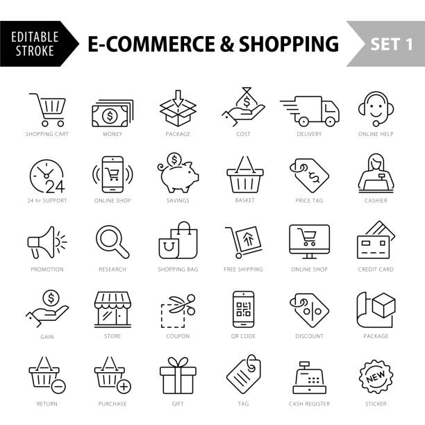 ikony linii e-commerce. edytowalne stroke_set1 - etykieta ilustracje stock illustrations