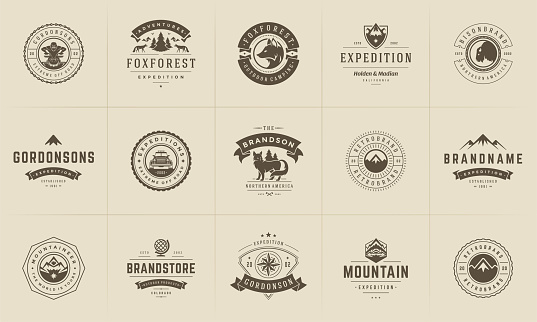 Camping icons and badges templates vector design elements and silhouettes set. Outdoor adventure mountains and forest camp vintage style emblems and icons retro illustration.