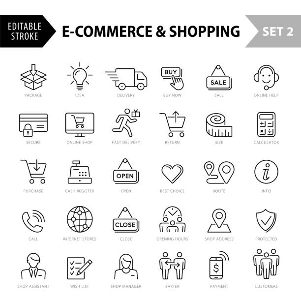 ikony linii e-commerce. edytowalne stroke_set2 - cash register e commerce technology shopping cart stock illustrations