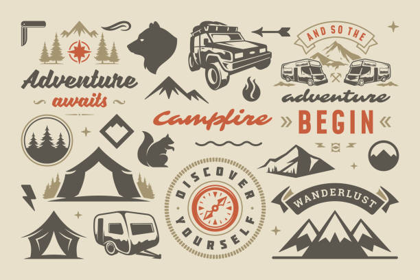 Camping and outdoor adventure design elements set quotes and icons vector illustration Camping and outdoor adventure design elements set, quotes and icons vector illustration. Mountains, wild animals and other. Good for t-shirts, mugs, greeting cards, photo overlays and posters wilderness stock illustrations