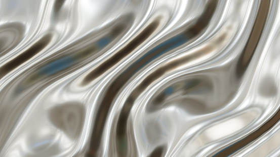 Silver chrome metal texture with waves, liquid silver metallic silk wavy design, 3D render illustration.