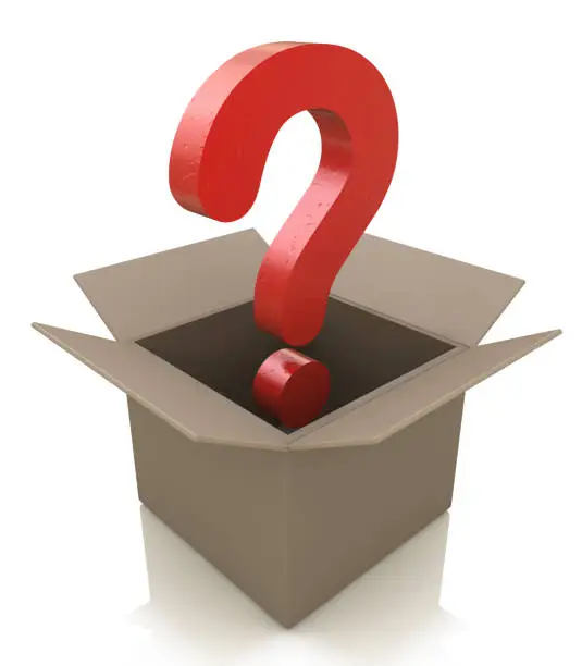 Cardboard box with question mark in the design of information related to unsolved problems. 3d illustration
