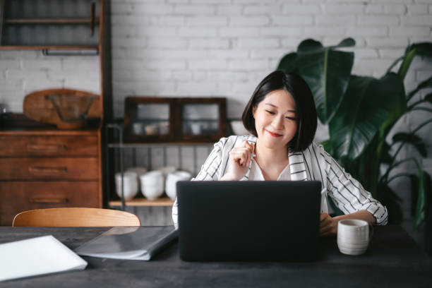 Young Asian woman having online business meeting, video conferencing on laptop with her business partners, working from home in the living room stock photo