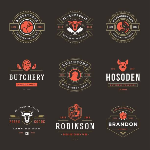 ilustraciones, imágenes clip art, dibujos animados e iconos de stock de los logotipos de la carnicería establecen una ilustración vectorial buena para insignias de granjas o restaurantes con animales y siluetas de carne - butchers shop meat market pork