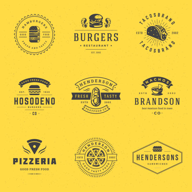 ilustraciones, imágenes clip art, dibujos animados e iconos de stock de los logotipos de comida rápida establecen una ilustración vectorial buena para pizzería, hamburguesería y menú de restaurante - cafetería de carretera
