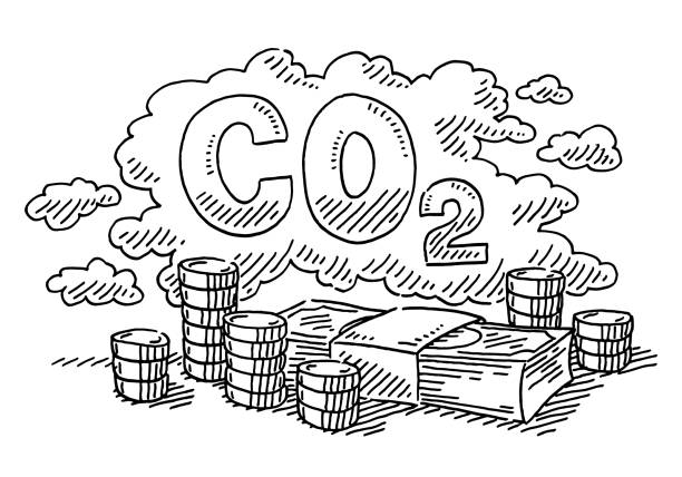 Carbon Dioxide Emission Pricing Drawing Hand-drawn vector drawing of a Carbon Dioxide Emission Pricing. Black-and-White sketch on a transparent background (.eps-file). Included files are EPS (v10) and Hi-Res JPG. climate change money stock illustrations