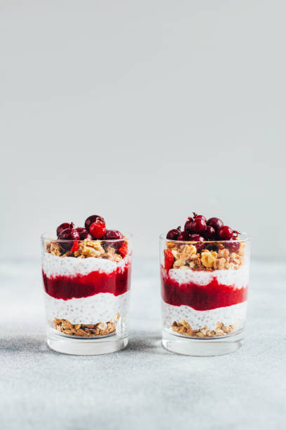 istock close-up of chia pudding with currant granola yogurt on gray background 1325206982