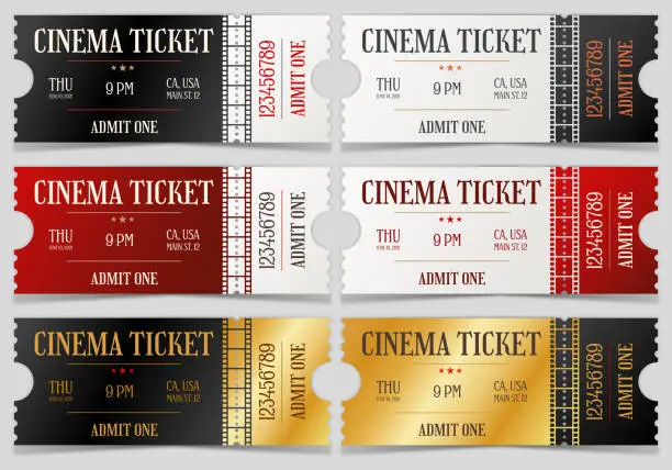 Vector illustration of Set of cinema vintage vector tickets with movie tape. Admit one