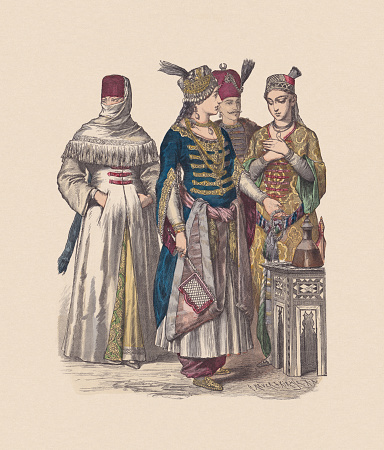 17th century and 1st half of the 18th century, Ottoman Empire, Turkish costumes: Street clothing (for the public, left). Sultaness and sultan (center), Dancer (right). Hand colored wood engraving, published ca. 1880.