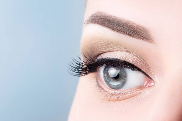 istock Female blue eye with long eyelashes, beautiful makeup close-up. Eyelash extensions, lamination, microblading eyebrow tattoo, permanent, ophthalmology concept 1325209538
