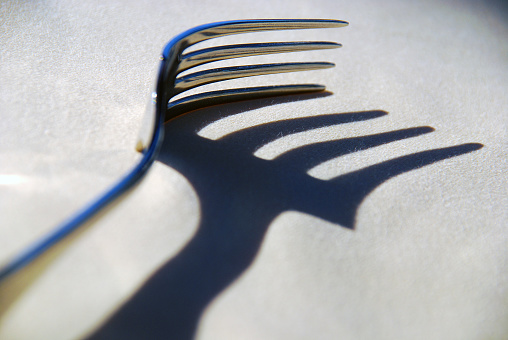 Artistic image of a fork with its shadow on a light background