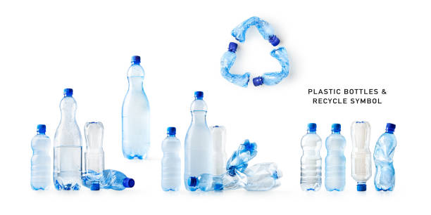 Plastic bottles and recycle symbol collection Water plastic bottles and recycle symbol made of used plastic bottles set isolated on white background. Environmental recycling concept. Design element recycle symbol cut out stock pictures, royalty-free photos & images