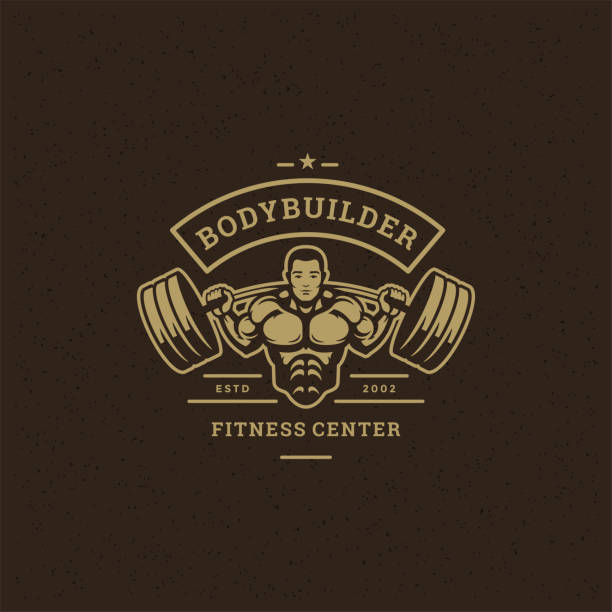 Fitness gym badge or emblem vector illustration bodybuilder man lifting a heavy barbell silhouette Fitness gym badge or emblem vector illustration bodybuilder man lifting a heavy barbell silhouette for t-shirt or print stamp. Retro typography logo design. body building stock illustrations