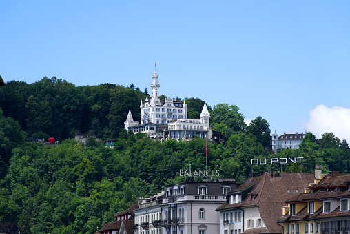 White castle luxury hotel Gütsch at City of Lucerne. Photo taken June 22nd, 2021, Luzern, Switzerland.
