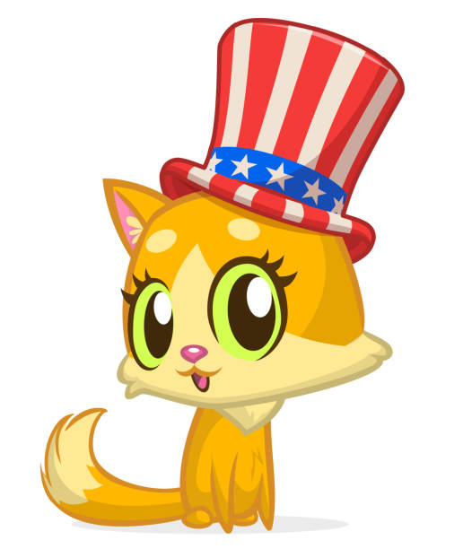 istock Funny cartoon fat cat sitting and wearing Uncle Sam hat. Kitty character design for  American Independence Day. Vector illustration for print, poster or invitation 1325213507