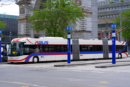 Regional trolley bus at bus terminal at main railway station Lucerne. Photo taken June 22nd, 2021, Luzern, Switzerland.