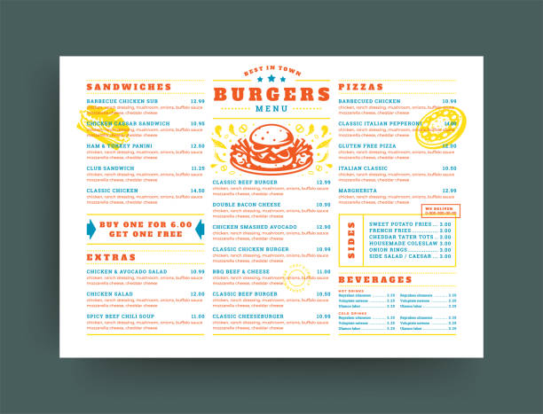 ilustraciones, imágenes clip art, dibujos animados e iconos de stock de folleto de diseño de diseño de menú de restaurante de hamburguesas o ilustración vectorial de plantilla de folleto de alimentos - menú