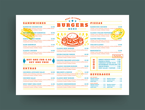 Burger restaurant menu layout design brochure or food flyer template vector illustration. Hamburger symbol with vintage typographic decoration elements and fast food graphics.