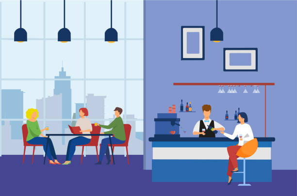 Young people characters dinning and working in street cafe. Woman and man talking, drinking coffee and eating. Crowded outdoor restaurant or var in city. Flat cartoon vector ıllustration. People eating in a cafe or bar with a city view, a group of people sitting at the table, choosing food from the menu. There is a young woman sitting in front of the bar. The barista gives the woman her drink. The cafe design is modern and nicely designed. City view cafe vector. The background consists of blue and purple colors. cafe bar counter stock illustrations