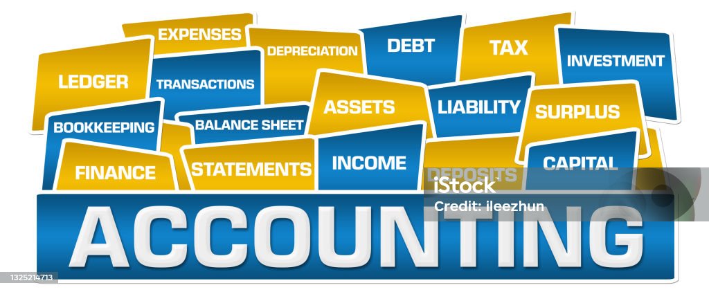 Accounting Yellow Blue Shapes Word Cloud On Top Accounting concept image with text and related word cloud. Bank Statement stock illustration