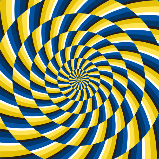 illustrazioni stock, clip art, cartoni animati e icone di tendenza di sfondo vettoriale illusione del movimento ottico. il motivo a spirale blu giallo si muove intorno al centro. - illusion