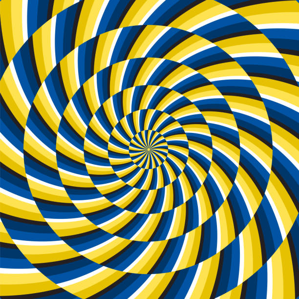 tło wektorowe złudzenie ruchu optycznego. żółty niebieski spiralny wzór w paski porusza się po środku. - illusion stock illustrations