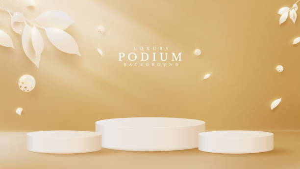 istock 3D stage and gold ball element elegant along with paper cut style leaves. Luxury background concept. Templates for product placement for promotional and marketing purposes. 1325215595