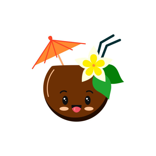 Coconut coctail with straw, flower and umbrella. Coconut coctail with straw, flower and umbrella happy emoticon isolated on white background. Tropical drink emoji with face in half of coconut vector flat design illustration in cartoon kawaii style. drink umbrella stock illustrations